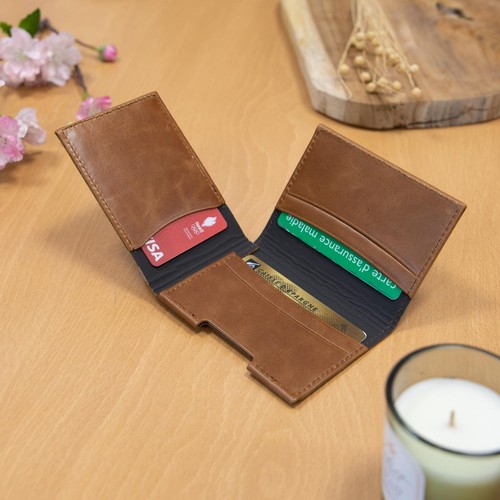 PORTE CARTE VOLET EN CUIR VERITABLE MARRON FONCE - MADE IN EUROPE - 4