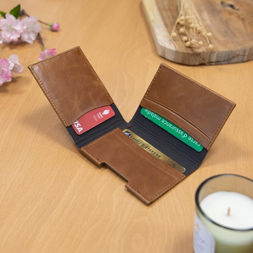 PORTE CARTE VOLET EN CUIR VERITABLE MARRON FONCE