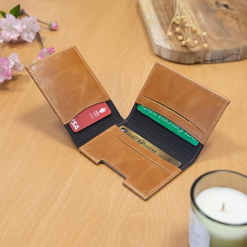 PORTE CARTE VOLET EN CUIR VERITABLE MARRON FONCE