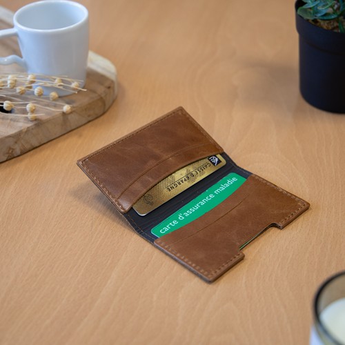PORTE-CARTES FOLIO AVEC OU SANS ANTI-RFID  EN CUIR VERITABLE MARRON CLAIR