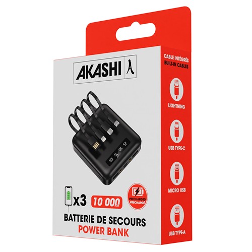 BATTERIE DE SECOURS AVEC 4 CABLES - 10 000 MAH NOIRE