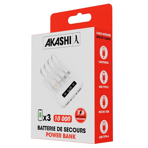 BATTERIE DE SECOURS AVEC 4 CABLES - 10 000 MAH NOIRE