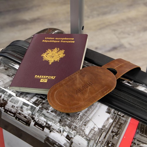 ETIQUETTE BAGAGE  EN CUIR VERITABLE MARRON CLAIR
