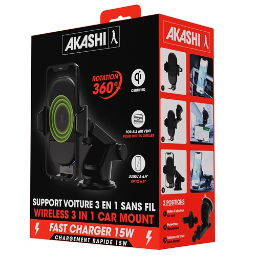YUDOSHA - SUPPORT VOITURE AVEC CHARGE RAPIDE SANS FIL 15W ET 2 SYSTÈMES DE FIXATION