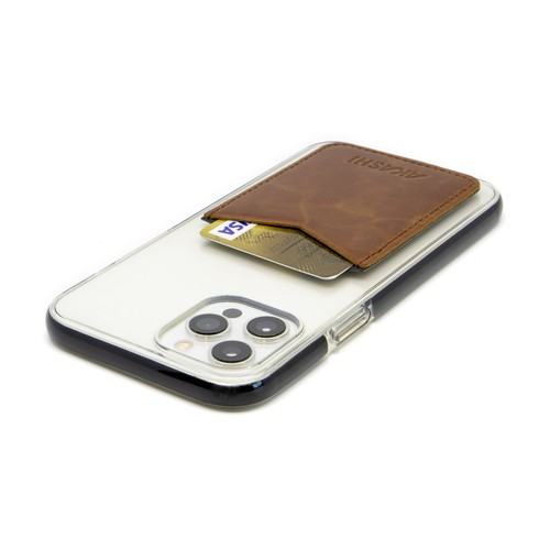 PORTE-CARTE POUR SMARTPHONE AVEC ADHESIF 3M EN CUIR VERITABLE MARRON CLAIR - MADE IN EUROPE - 3