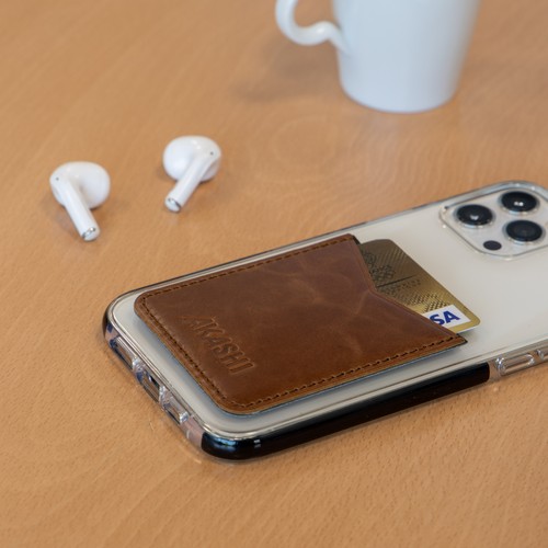 PORTE-CARTE POUR SMARTPHONE AVEC ADHESIF 3M EN CUIR VERITABLE MARRON CLAIR - MADE IN EUROPE - 4