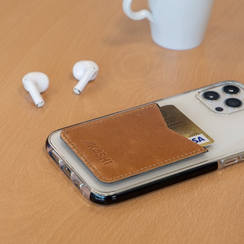 PORTE-CARTE POUR SMARTPHONE AVEC ADHESIF 3M EN CUIR VERITABLE MARRON FONCE
