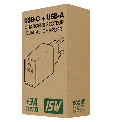 SUKO - CHARGEUR SECTEUR USB TYPE-C 15W + USB-A - NOIR