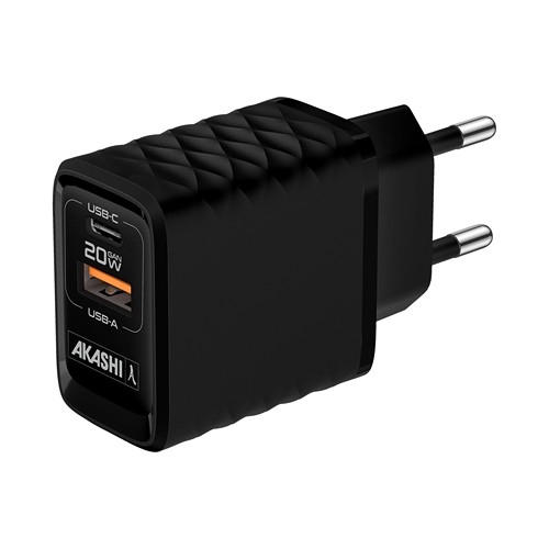 KAKUSHIN - PRISE SECTEUR GAN 20W USB TYPE-C PD + USB-A QC3.0 - NOIR