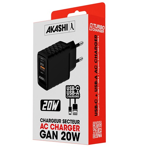 KAKUSHIN - PRISE SECTEUR GAN 20W USB TYPE-C PD + USB-A QC3.0 - NOIR