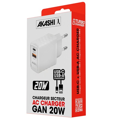 KAKUSHIN - PRISE SECTEUR GAN 20W USB TYPE-C PD + USB-A QC3.0 - NOIR