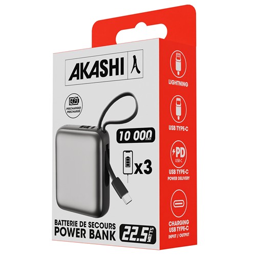 BUSHI - Batterie Powerbank 10,000 mAh avec câbles intégrés à charge rapide 22,5W
