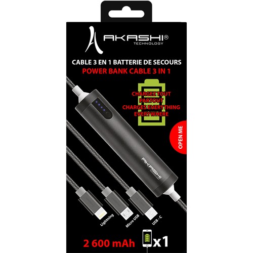 SAYO - CÂBLE USB 3 EN 1 AVEC FONCTION BATTERIE DE SECOURS 2600 mAh - 4