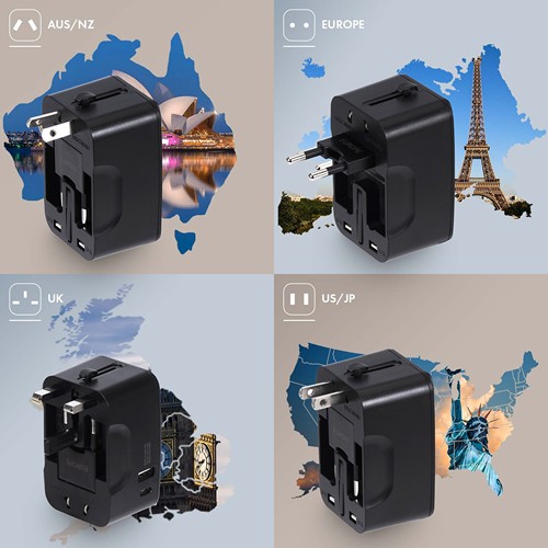 KOJIMA - ADAPTATEUR UNIVERSEL DE VOYAGE AVEC SORTIES USB-C ET USB-A - NOIR