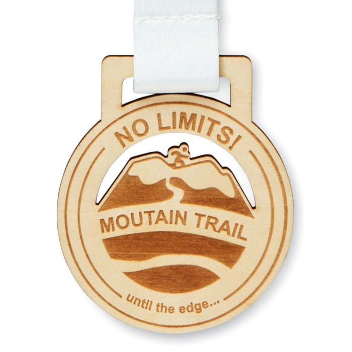 Médaille en bois de forme personnalisée et ruban en quadri avec boucle cousue