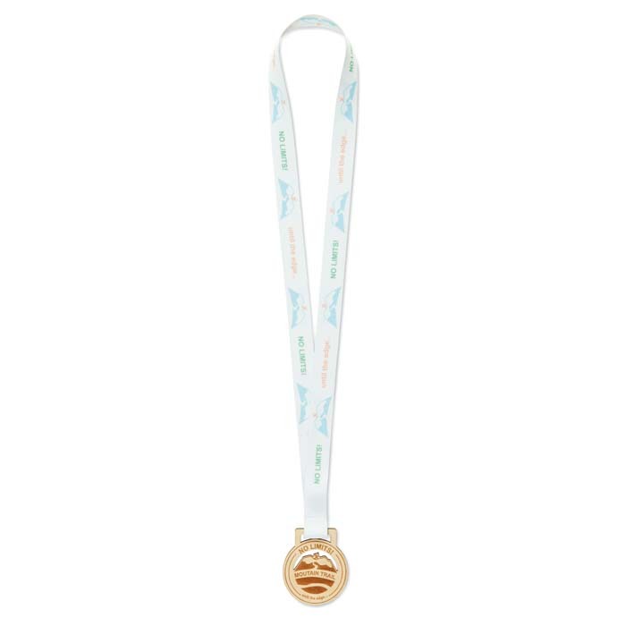 Médaille en bois de forme personnalisée et ruban en quadri avec boucle cousue