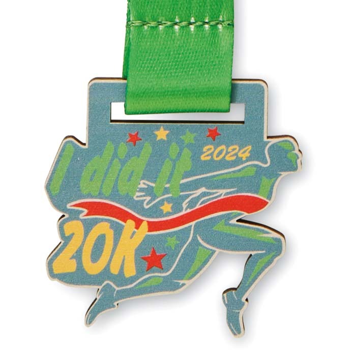Médaille en bois de forme personnalisée et ruban en quadri avec boucle cousue, PROPULZ, Objets publicitaires personnalisés