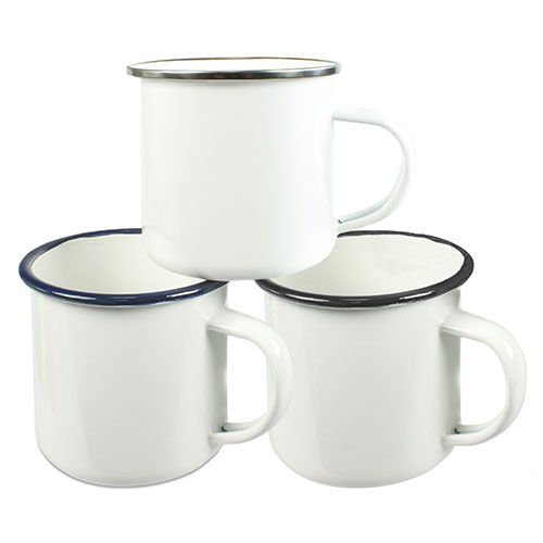Mug Émaillé Blanc Bord Gris - 300 ml, objet publicitaire personnalisé avec votre logo.