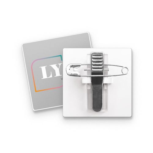 BADGE PLASTIQUE (PS) CARRE 36x36 mm AVEC PINCE EPINGLE