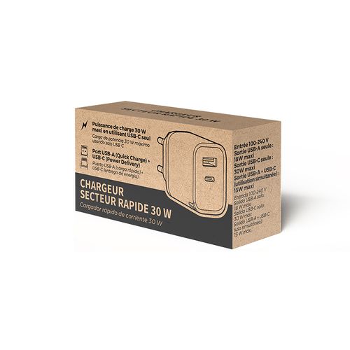 CHARGEUR SECTEUR RAPIDE 30 W SORTIES USB QC & TYPE-C PD - 5