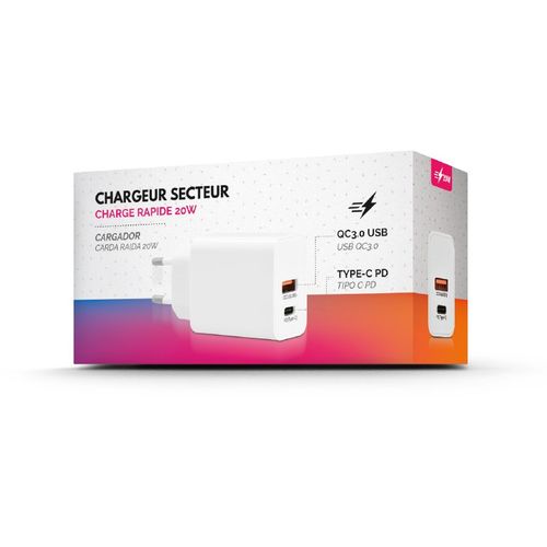 CHARGEUR SECTEUR RAPIDE 20 W SORTIES USB QC3.0 & TYPE-C PD - 3