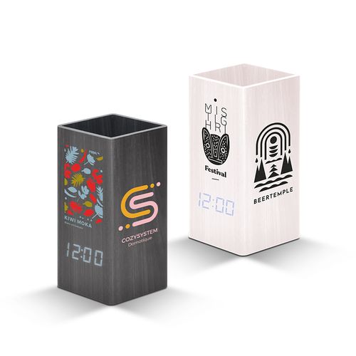 PENDULETTE AVEC POT A CRAYONS ET THERMOMETRE, HORLOGE DE BUREAU