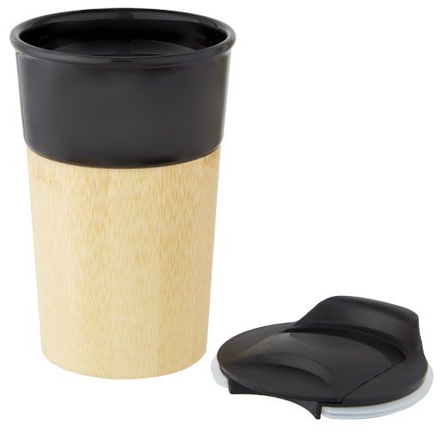 Taza de porcelana de 320 ml con pared exterior de bambú 