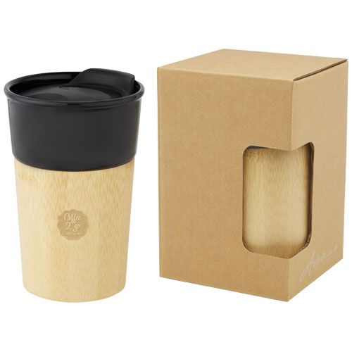Taza de porcelana de 320 ml con pared exterior de bambú 