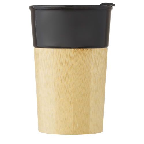 Taza de porcelana de 320 ml con pared exterior de bambú 