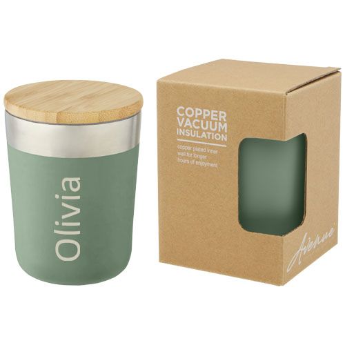 Vaso de 330 ml de acero inoxidable con aislamiento al vacío de cobre y tapa de bambú 