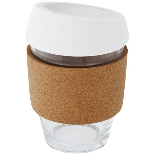 Vaso de vidrio borosilicato de 360 ml con agarre de corcho y tapa de silicona 