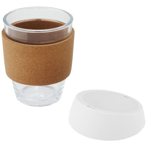 Vaso de vidrio borosilicato de 360 ml con agarre de corcho y tapa de silicona 