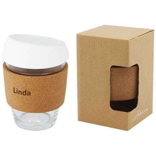Vaso de vidrio borosilicato de 360 ml con agarre de corcho y tapa de silicona 