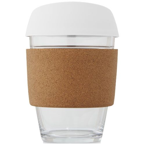 Vaso de vidrio borosilicato de 360 ml con agarre de corcho y tapa de silicona 