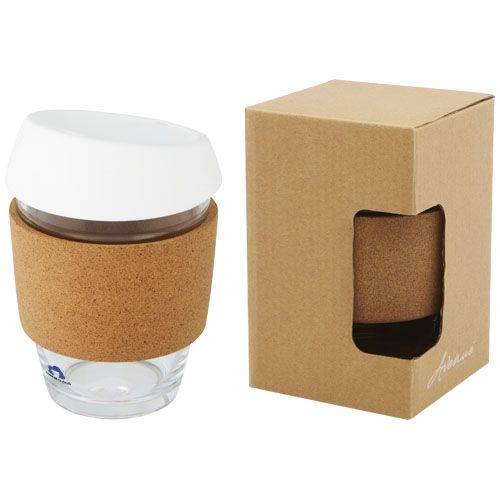 Vaso de vidrio borosilicato de 360 ml con agarre de corcho y tapa de silicona 