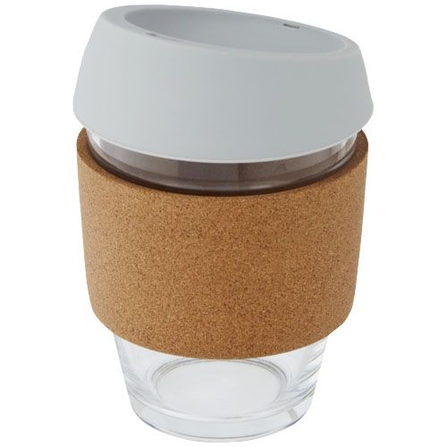 Vaso de vidrio borosilicato de 360 ml con agarre de corcho y tapa de silicona 