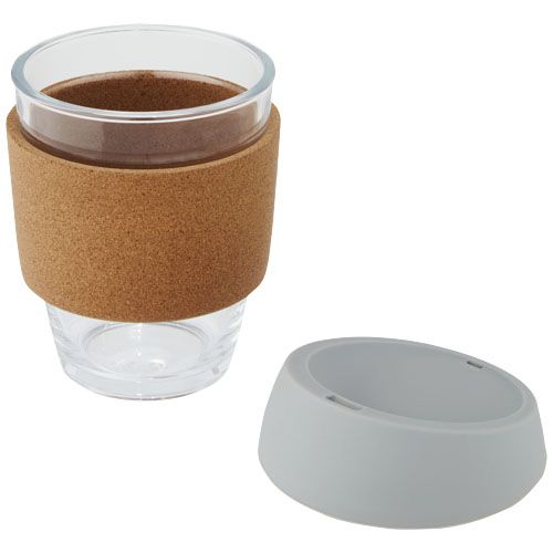 Vaso de vidrio borosilicato de 360 ml con agarre de corcho y tapa de silicona 