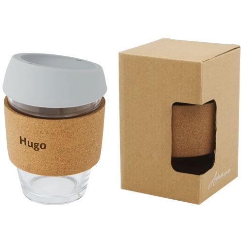 Vaso de vidrio borosilicato de 360 ml con agarre de corcho y tapa de silicona 