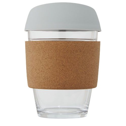 Vaso de vidrio borosilicato de 360 ml con agarre de corcho y tapa de silicona 