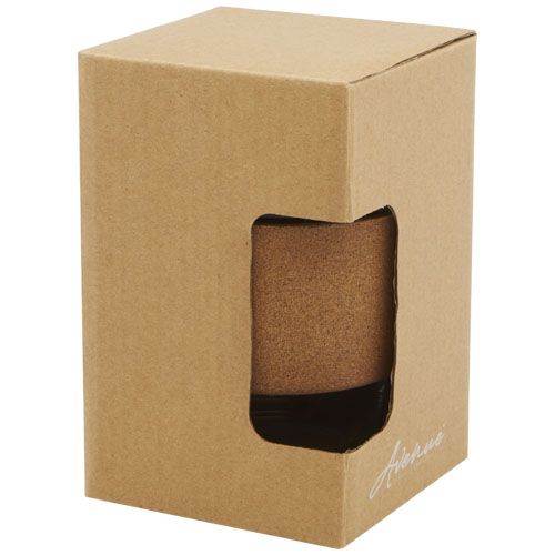 Vaso de vidrio borosilicato de 360 ml con agarre de corcho y tapa de silicona 