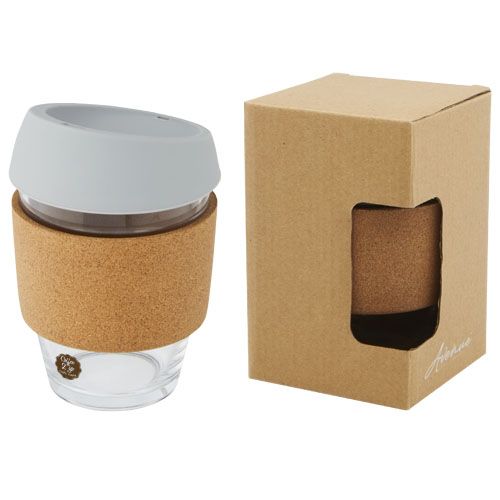 Vaso de vidrio borosilicato de 360 ml con agarre de corcho y tapa de silicona 