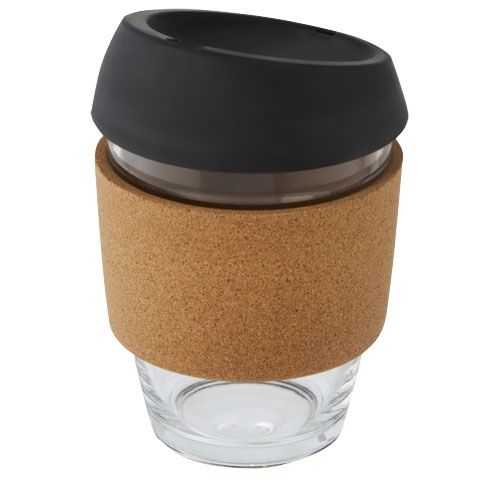 Vaso de vidrio borosilicato de 360 ml con agarre de corcho y tapa de silicona 