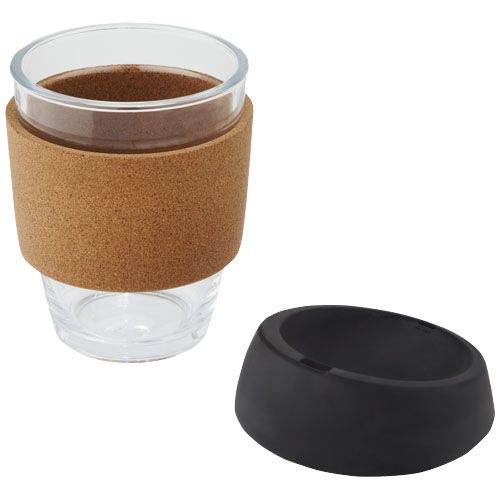 Vaso de vidrio borosilicato de 360 ml con agarre de corcho y tapa de silicona 