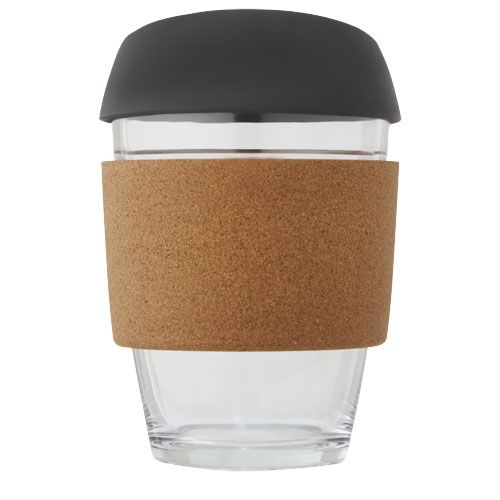 Vaso de vidrio borosilicato de 360 ml con agarre de corcho y tapa de silicona 
