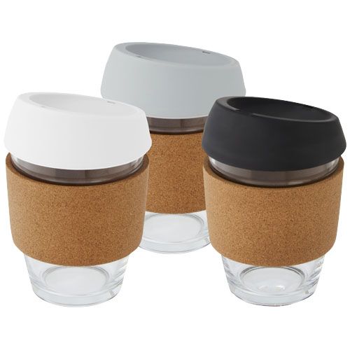 Vaso de vidrio borosilicato de 360 ml con agarre de corcho y tapa de silicona 