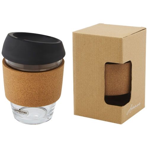 Vaso de vidrio borosilicato de 360 ml con agarre de corcho y tapa de silicona 