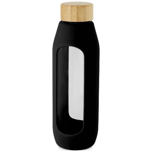 black Botella de vidrio borosilicato con agarre de silicona de 600 ml