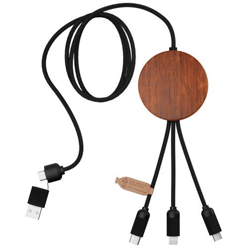 madera/negro Cable de carga 5 en 1 de PET reciclado con logo retroiluminado y base de carga de 10 W