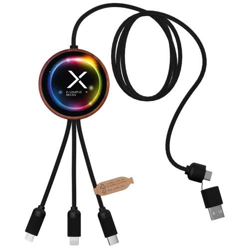 madera/negro Cable de carga 5 en 1 de PET reciclado con logo retroiluminado y base de carga de 10 W