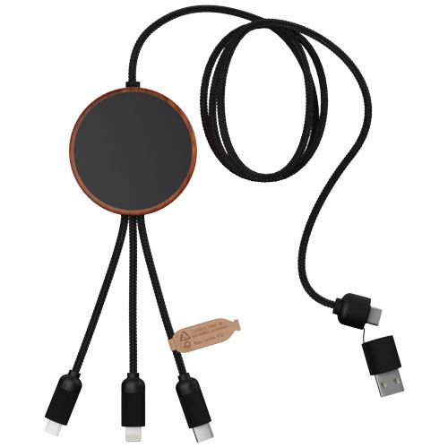 madera/negro Cable de carga 5 en 1 de PET reciclado con logo retroiluminado y base de carga de 10 W